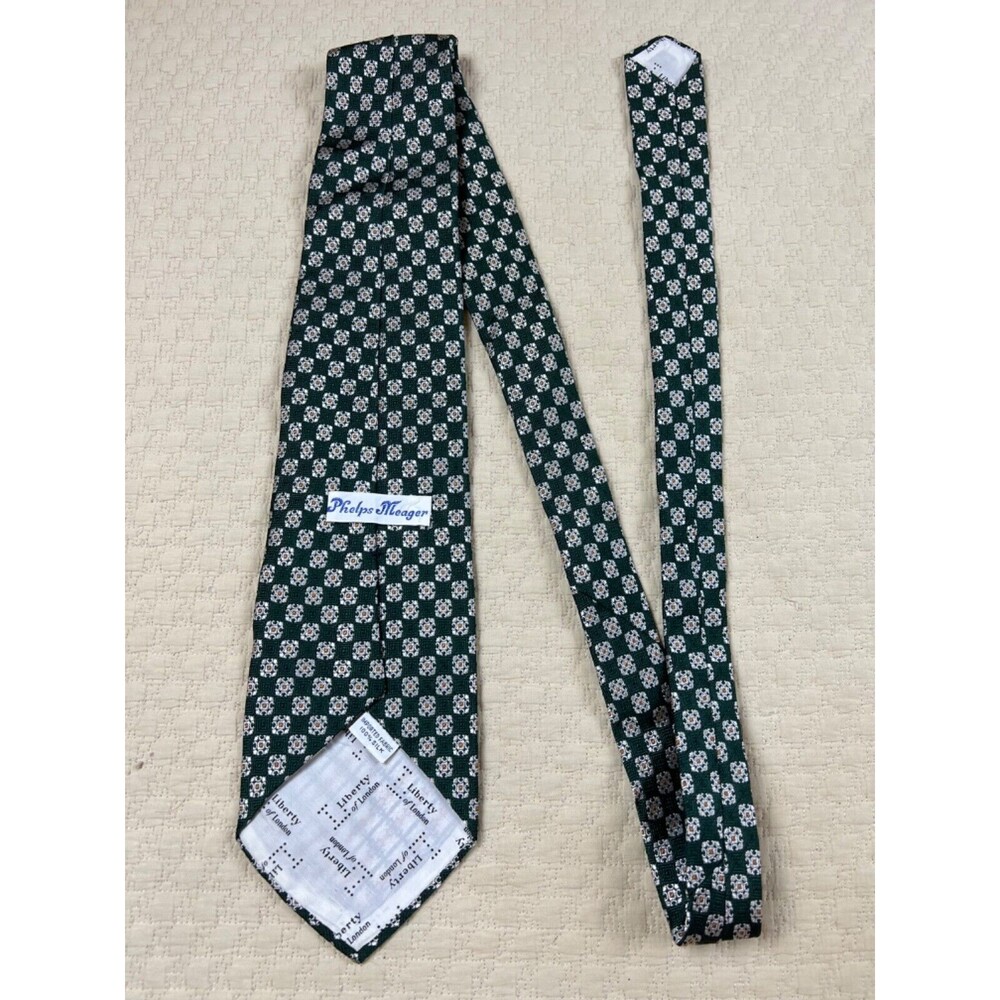 Liberty of London Phelps Meager Green Geometric Tie 1970s 4"W 56"L Green White